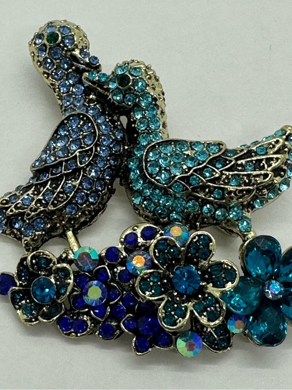 Blue and Teal Crystal Bird & Flower Brooch - Women's Jewelry